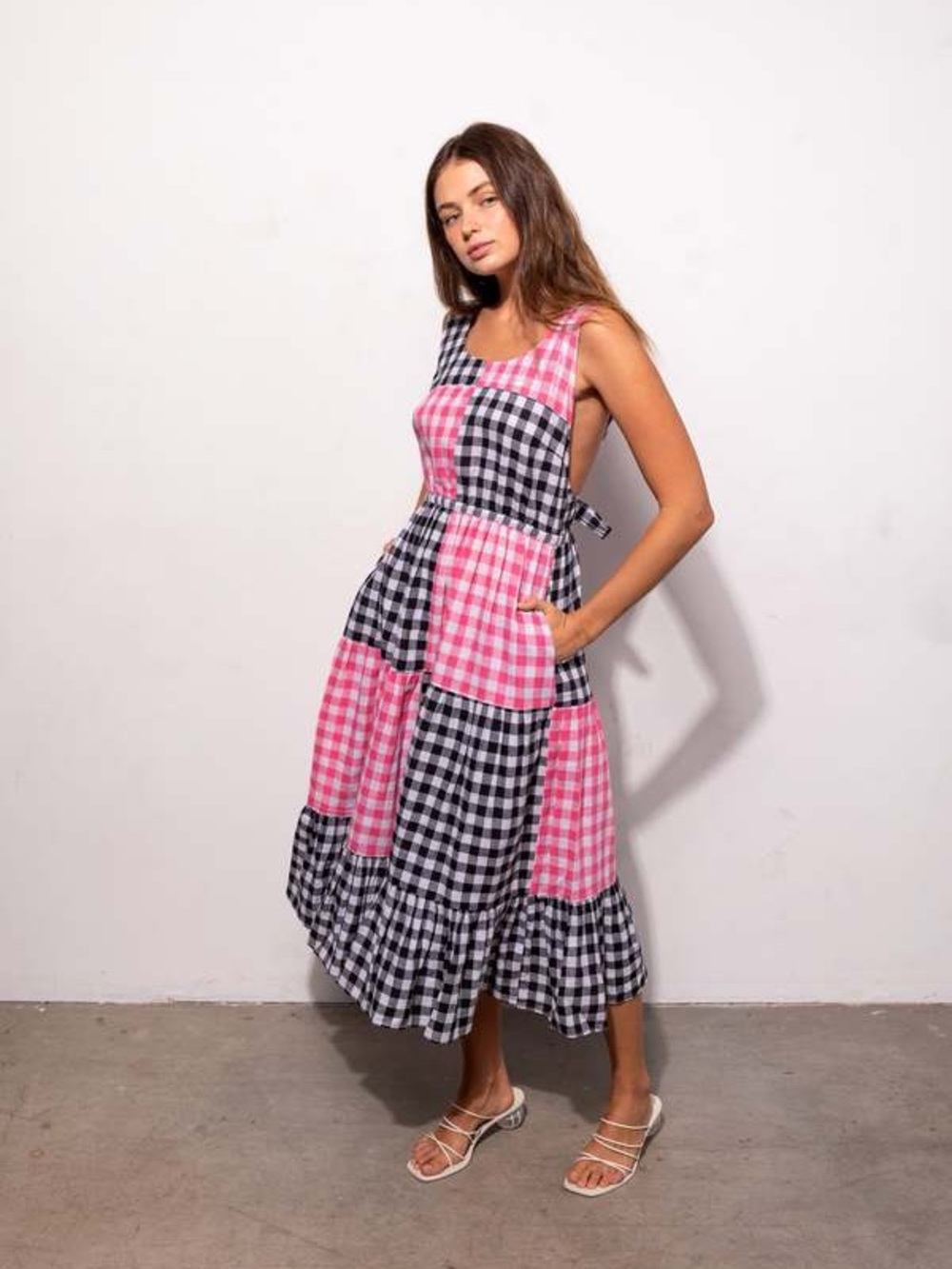 Rujuta Sheth Gema Backless Tiered Halter Dress in Black/Rose Chex - Picture 4 of 5